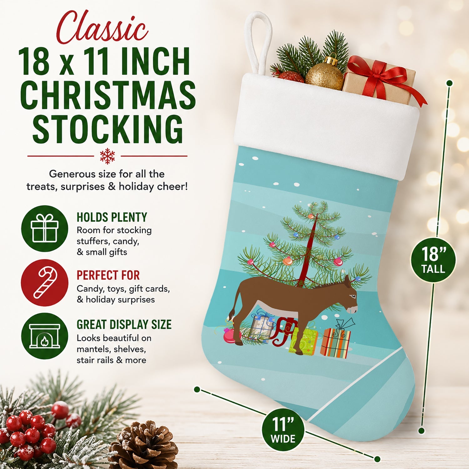 Cotentin Donkey Christmas Holiday Stocking Double-Sided Print, Polyester Suede,11x18, Made in USA