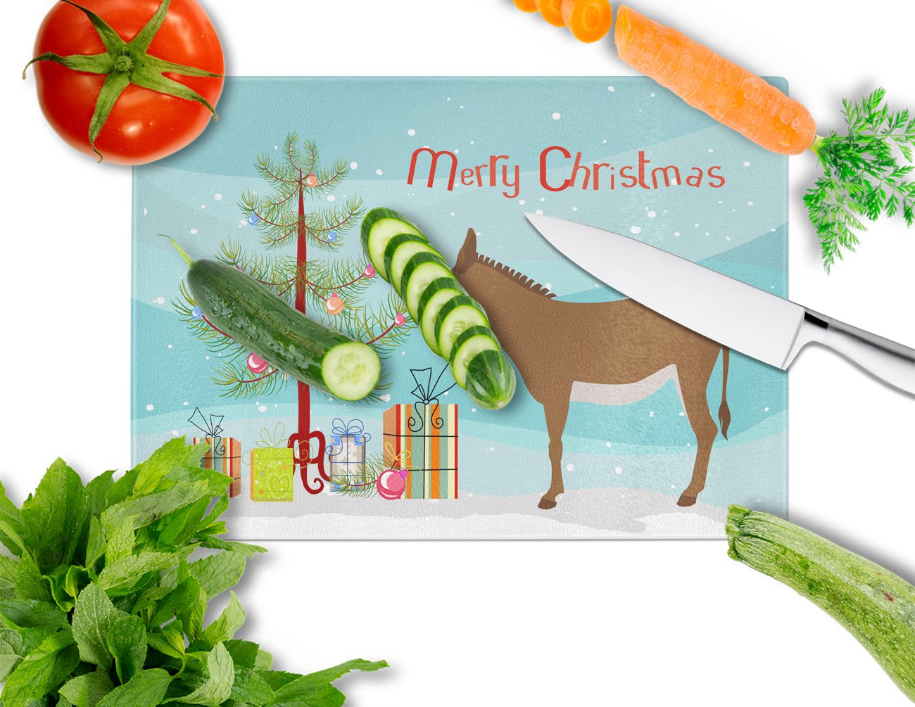 Cotentin Donkey Christmas Cutting Board Tempered Glass Kitchen Cutting Surface, Heat Resistant Chopping, Non-Slip Feet, Food Prep & Serving