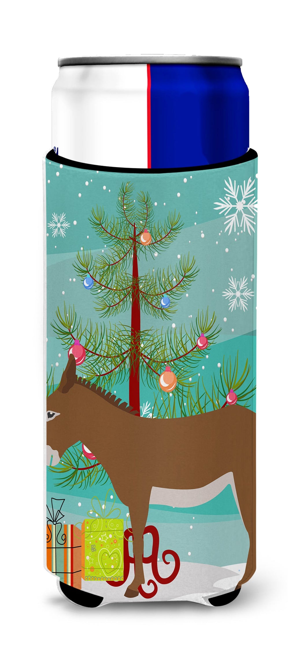 Cotentin Donkey Christmas Slim Can Hugger , Insulated Foam Hugger for 12 oz Slim Cans, Beer Bottles & Water Bottles, Printed in USA