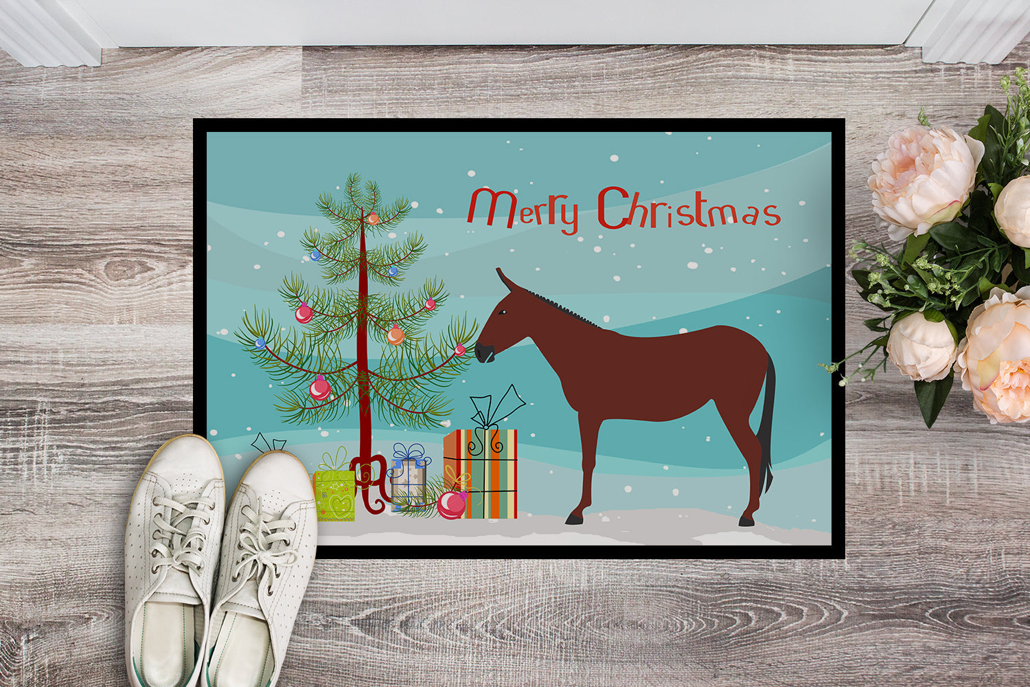 Hinny Horse Donkey Christmas Doormat Indoor Outdoor 24H X 36W Front Door Mat Rugs for Entryway, Non Slip Washable Low Pile,