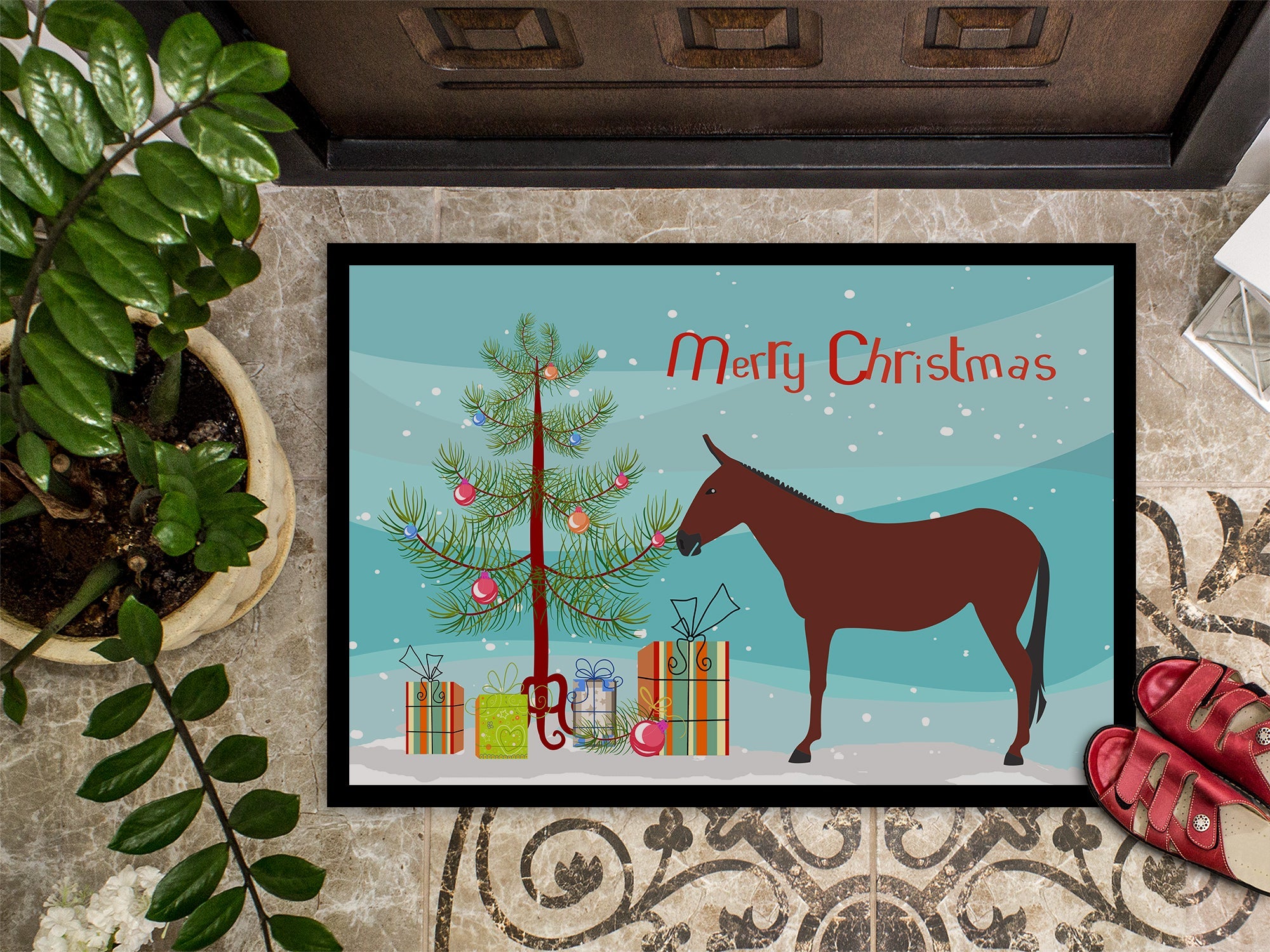 Hinny Horse Donkey Christmas Doormat Indoor Outdoor 18H X 27W Front Door Mat Rugs for Entryway, Non Slip Washable