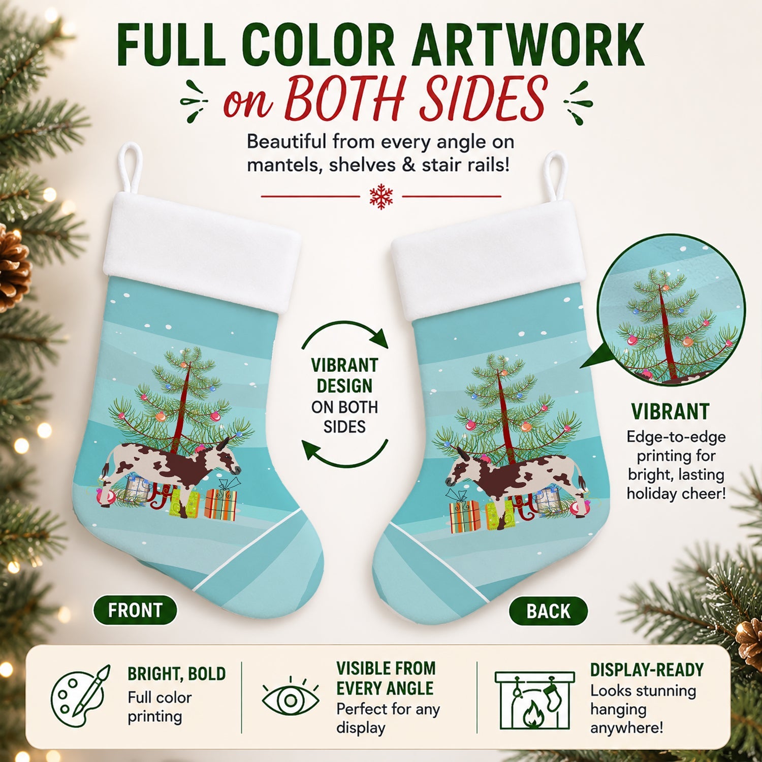 American Spotted Donkey Christmas Holiday Stocking Double-Sided Print, Polyester Suede,11x18, Made in USA