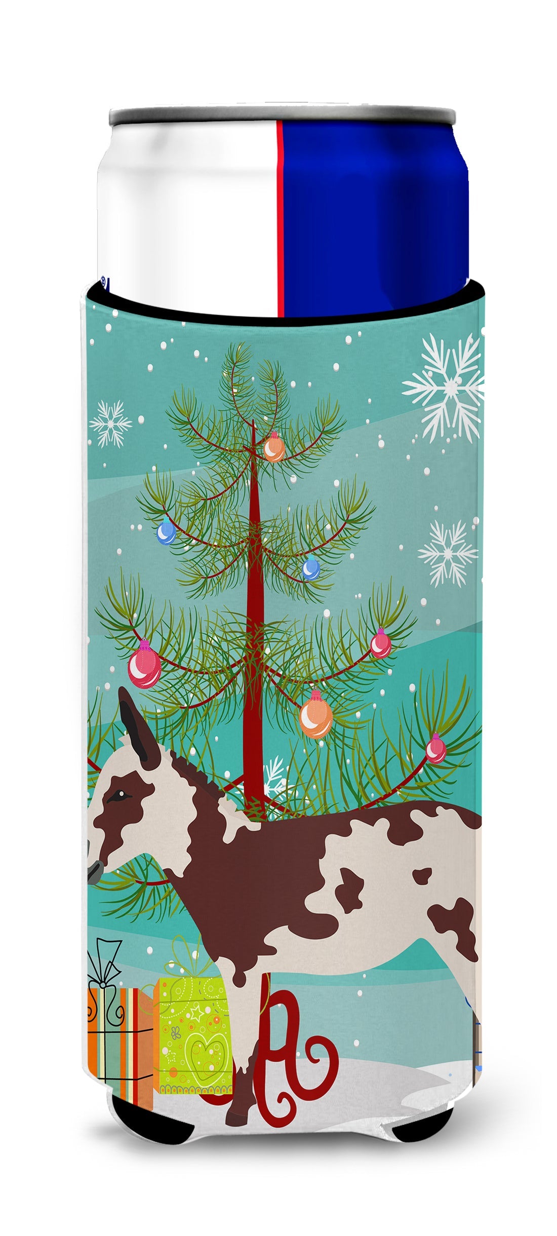 American Spotted Donkey Christmas Slim Can Hugger , Insulated Foam Hugger for 12 oz Slim Cans, Beer Bottles & Water Bottles, Printed in USA
