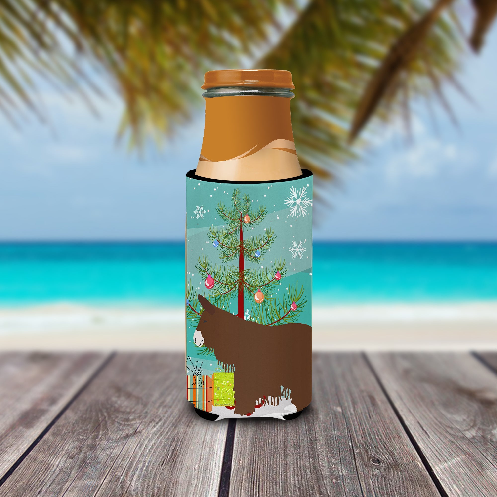 Poitou Poiteuin Donkey Christmas Slim Can Hugger , Insulated Foam Hugger for 12 oz Slim Cans, Beer Bottles & Water Bottles, Printed in USA