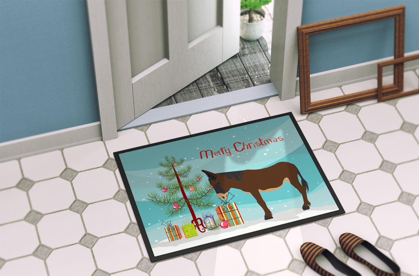 Zamorano-Leones Donkey Christmas Doormat Indoor Outdoor 24H X 36W Front Door Mat Rugs for Entryway, Non Slip Washable Low Pile,