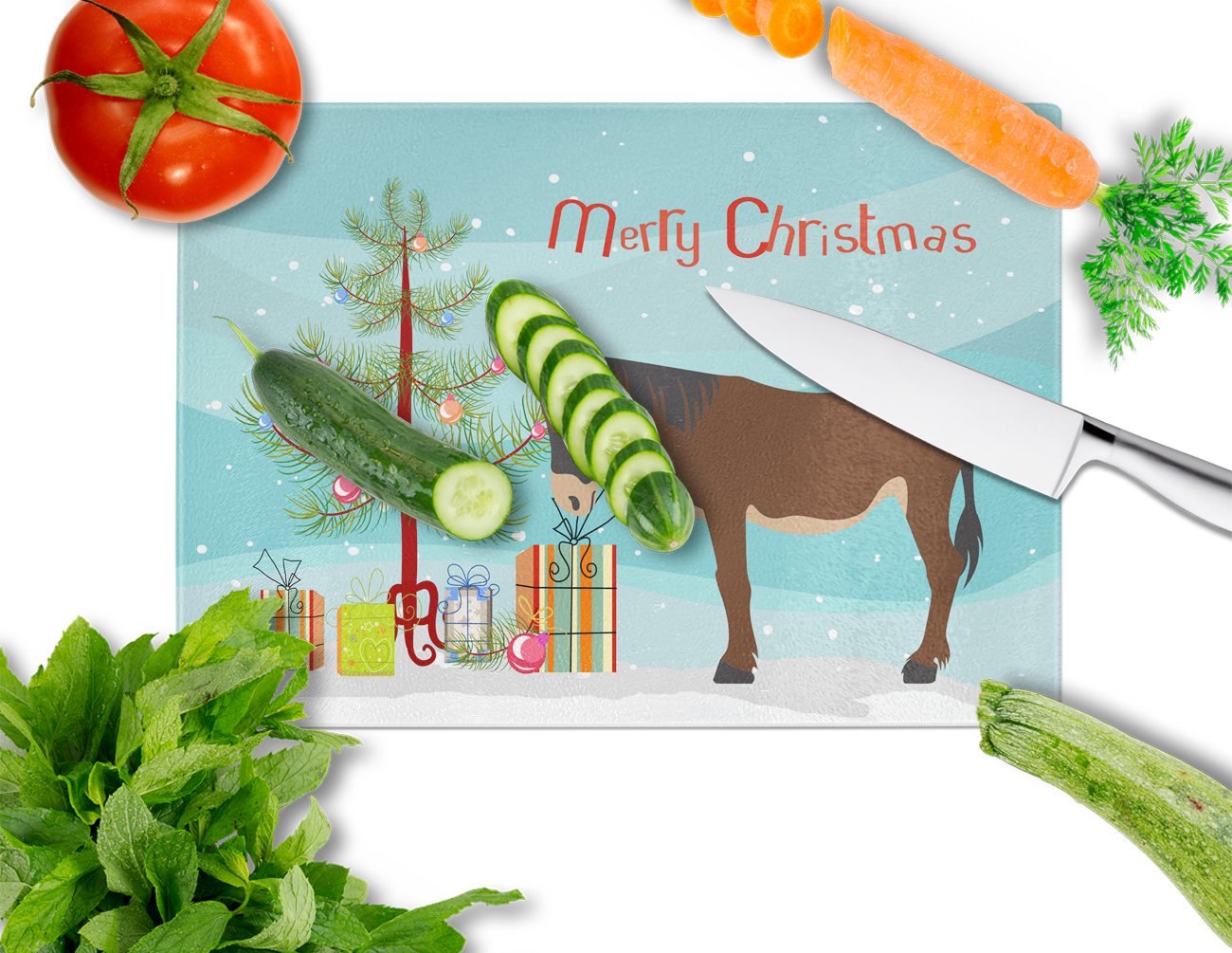 Zamorano-Leones Donkey Christmas Cutting Board Tempered Glass Kitchen Cutting Surface, Heat Resistant Chopping, Non-Slip Feet, Food Prep & Serving