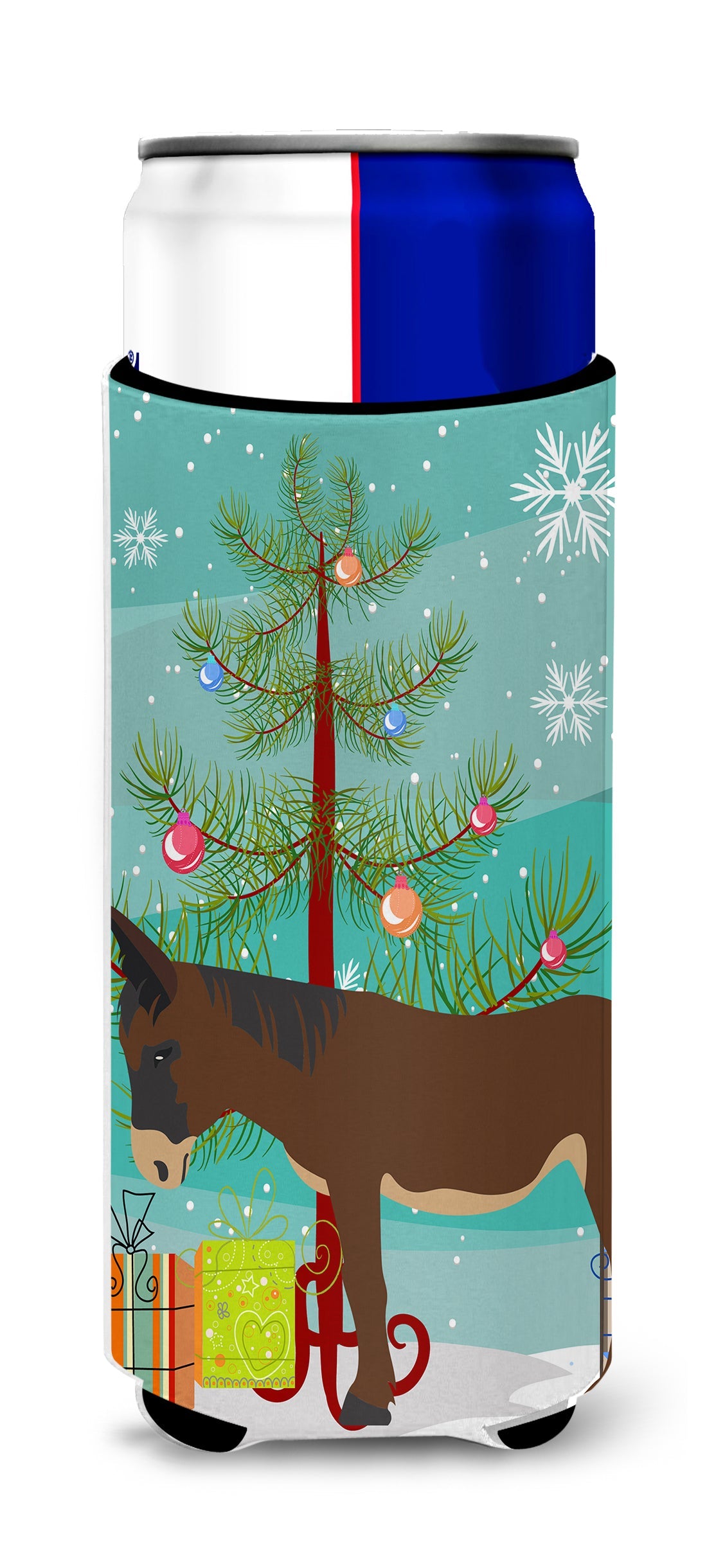 Zamorano-Leones Donkey Christmas Slim Can Hugger , Insulated Foam Hugger for 12 oz Slim Cans, Beer Bottles & Water Bottles, Printed in USA