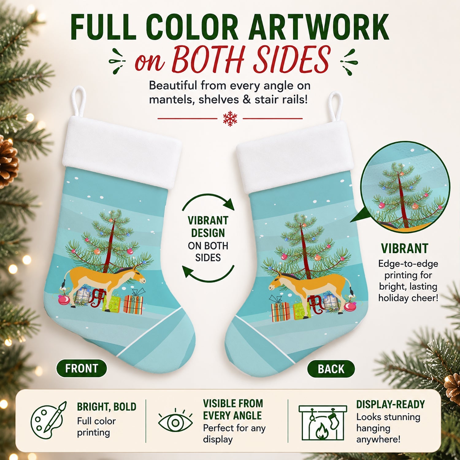 Turkmenian Kulan Donkey Christmas Holiday Stocking Double-Sided Print, Polyester Suede,11x18, Made in USA