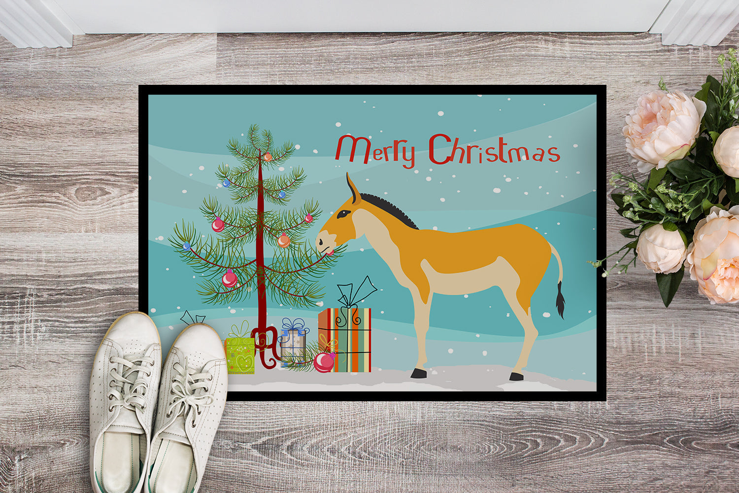 Turkmenian Kulan Donkey Christmas Doormat Indoor Outdoor 24H X 36W Front Door Mat Rugs for Entryway, Non Slip Washable Low Pile,