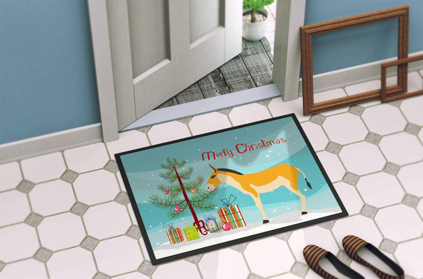 Turkmenian Kulan Donkey Christmas Doormat Indoor Outdoor 24H X 36W Front Door Mat Rugs for Entryway, Non Slip Washable Low Pile,