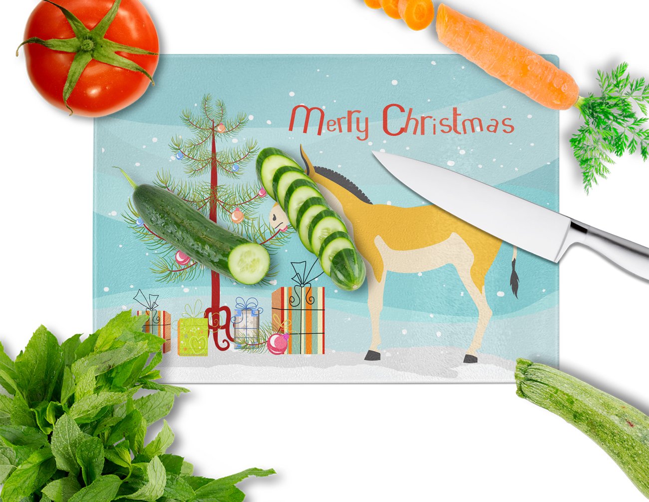 Turkmenian Kulan Donkey Christmas Cutting Board Tempered Glass Kitchen Cutting Surface, Heat Resistant Chopping, Non-Slip Feet, Food Prep & Serving