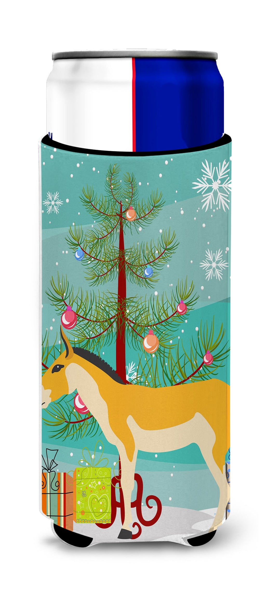 Turkmenian Kulan Donkey Christmas Slim Can Hugger , Insulated Foam Hugger for 12 oz Slim Cans, Beer Bottles & Water Bottles, Printed in USA