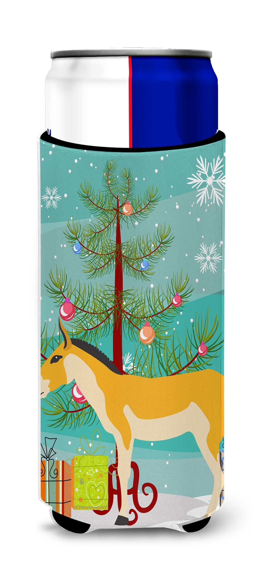 Turkmenian Kulan Donkey Christmas Slim Can Hugger , Insulated Foam Hugger for 12 oz Slim Cans, Beer Bottles & Water Bottles, Printed in USA
