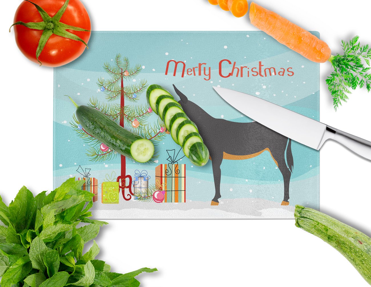 Catalan Donkey Christmas Cutting Board Tempered Glass Kitchen Cutting Surface, Heat Resistant Chopping, Non-Slip Feet, Food Prep & Serving