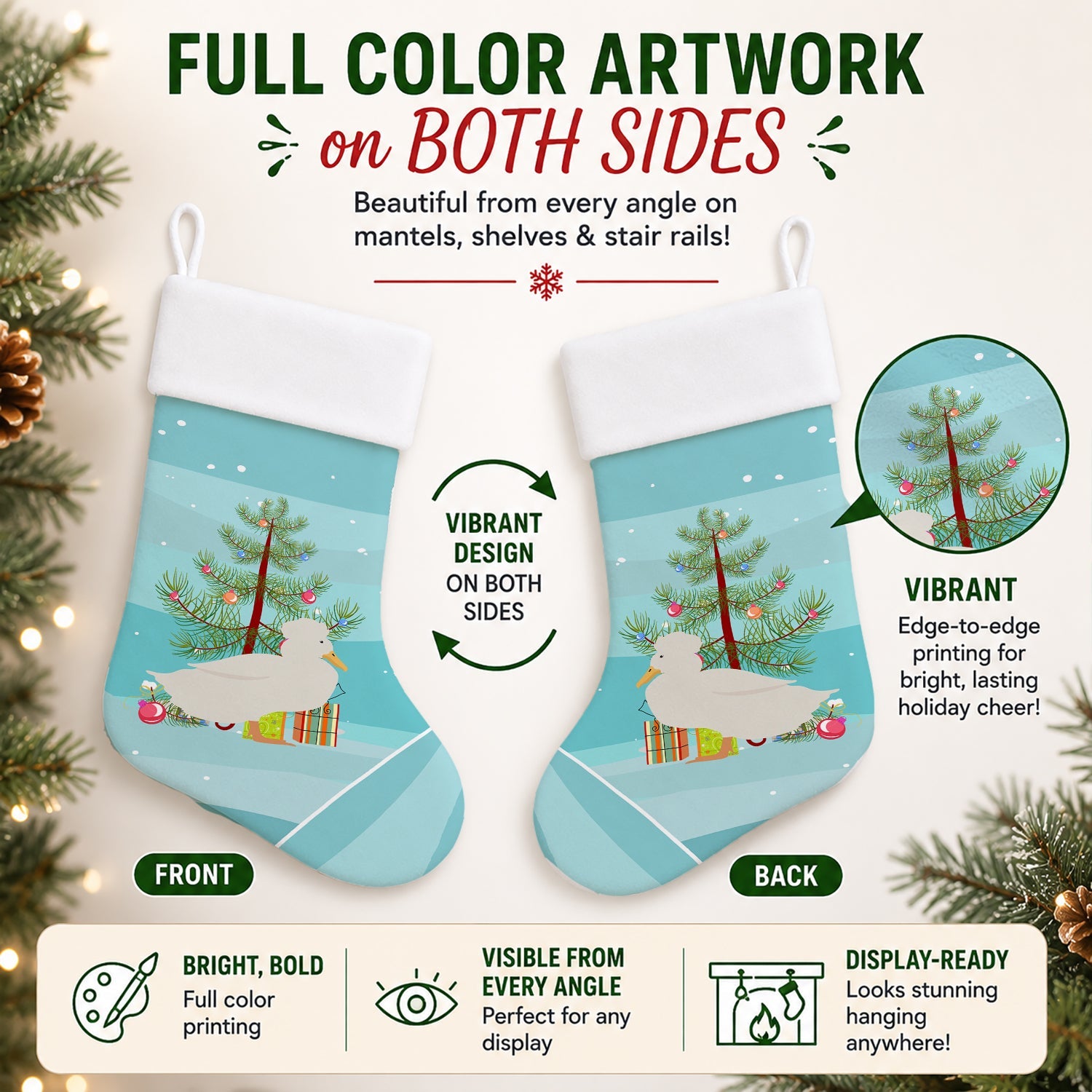 Crested Duck Christmas Holiday Stocking Double-Sided Print, Polyester Suede,11x18, Made in USA
