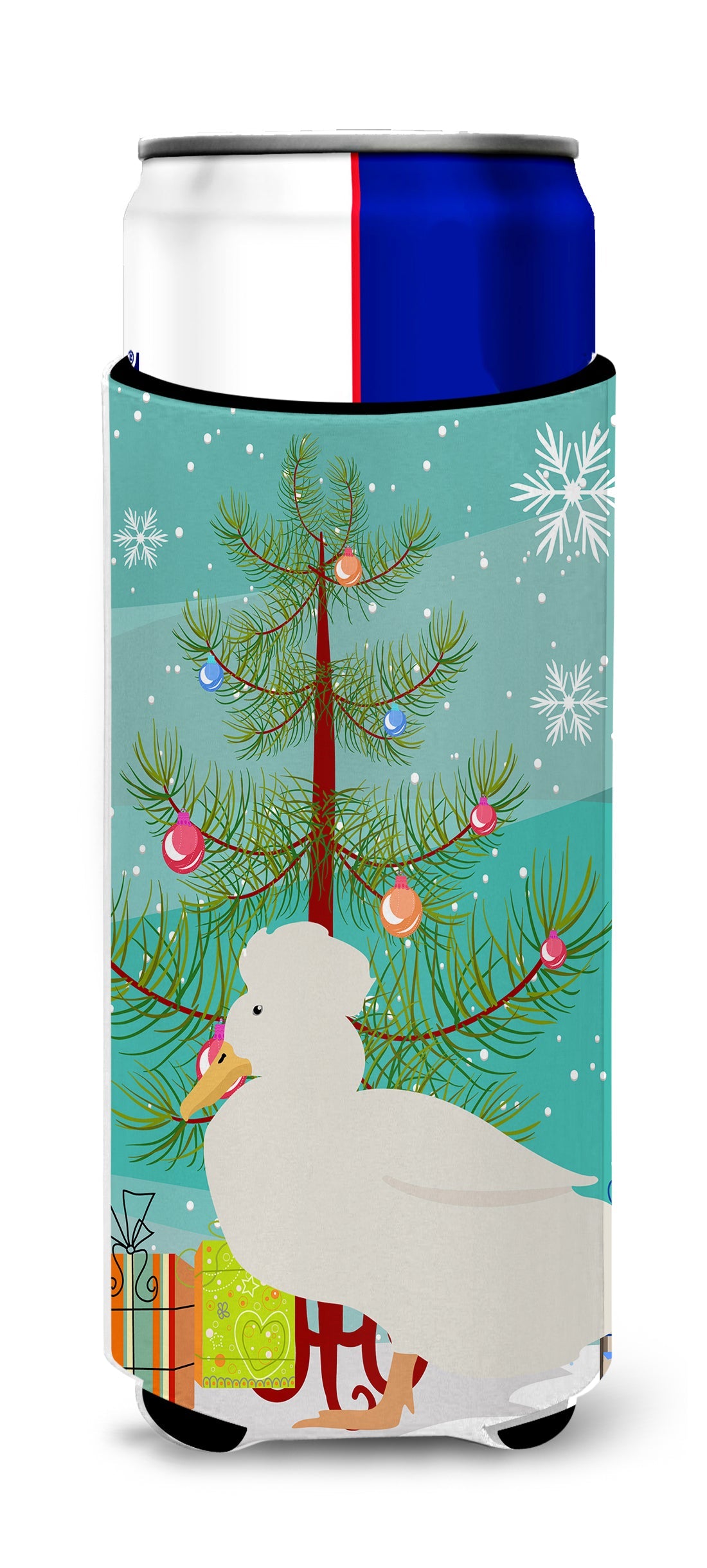 Crested Duck Christmas Slim Can Hugger , Insulated Foam Hugger for 12 oz Slim Cans, Beer Bottles & Water Bottles, Printed in USA