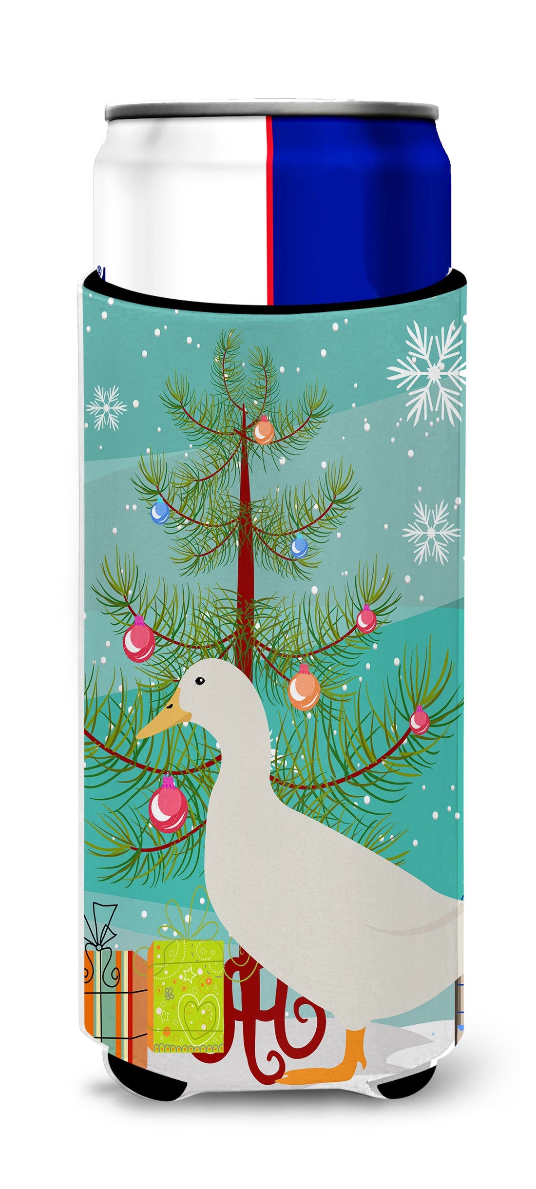 American Pekin Duck Christmas Slim Can Hugger , Insulated Foam Hugger for 12 oz Slim Cans, Beer Bottles & Water Bottles, Printed in USA