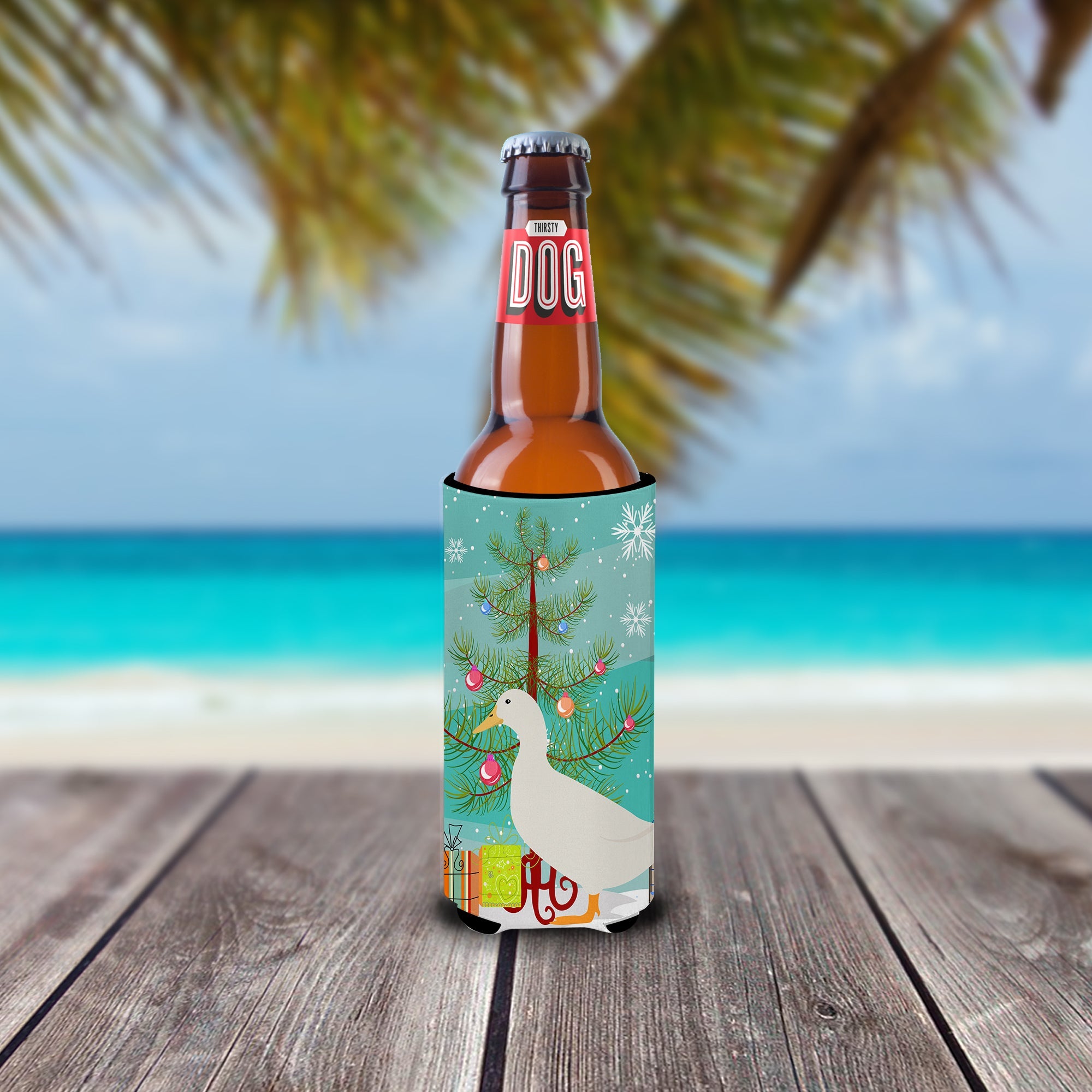 American Pekin Duck Christmas Slim Can Hugger , Insulated Foam Hugger for 12 oz Slim Cans, Beer Bottles & Water Bottles, Printed in USA