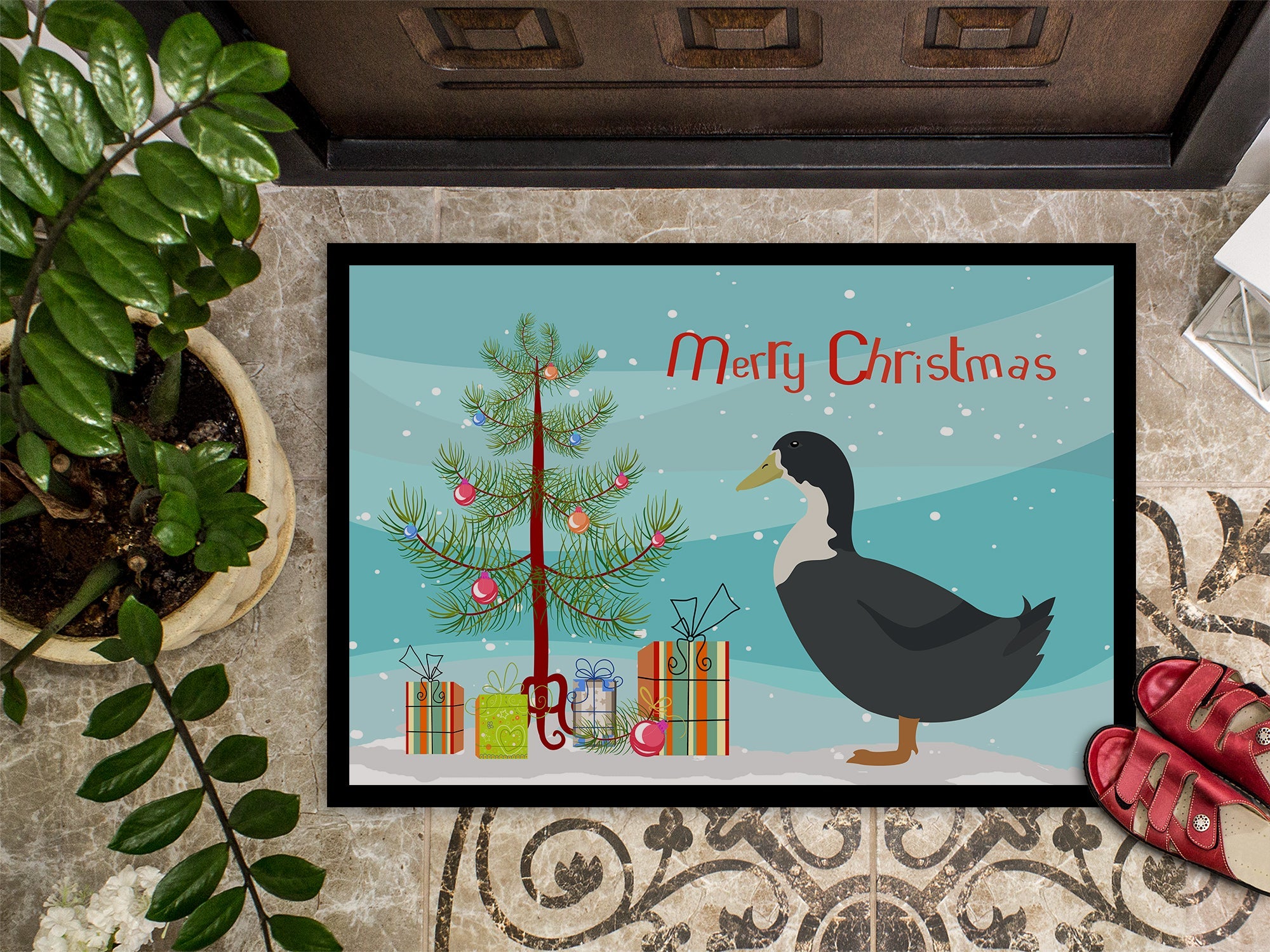 Blue Swedish Duck Christmas Doormat Indoor Outdoor 18H X 27W Front Door Mat Rugs for Entryway, Non Slip Washable