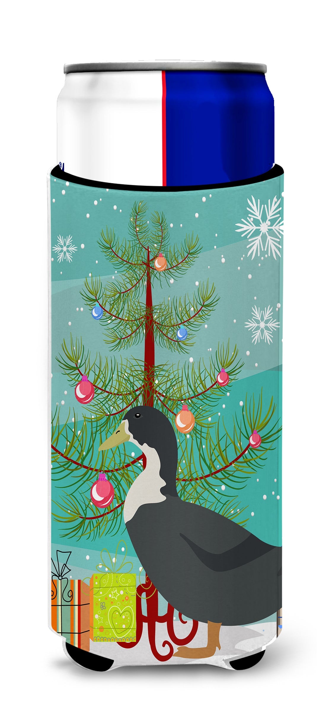 Blue Swedish Duck Christmas Slim Can Hugger , Insulated Foam Hugger for 12 oz Slim Cans, Beer Bottles & Water Bottles, Printed in USA