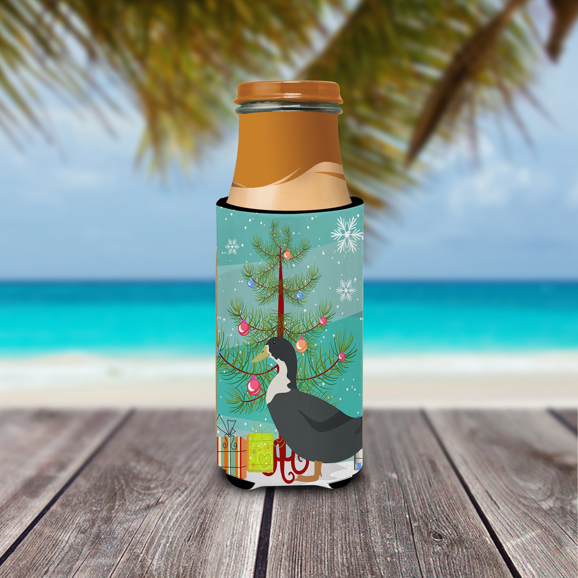 Blue Swedish Duck Christmas Slim Can Hugger , Insulated Foam Hugger for 12 oz Slim Cans, Beer Bottles & Water Bottles, Printed in USA