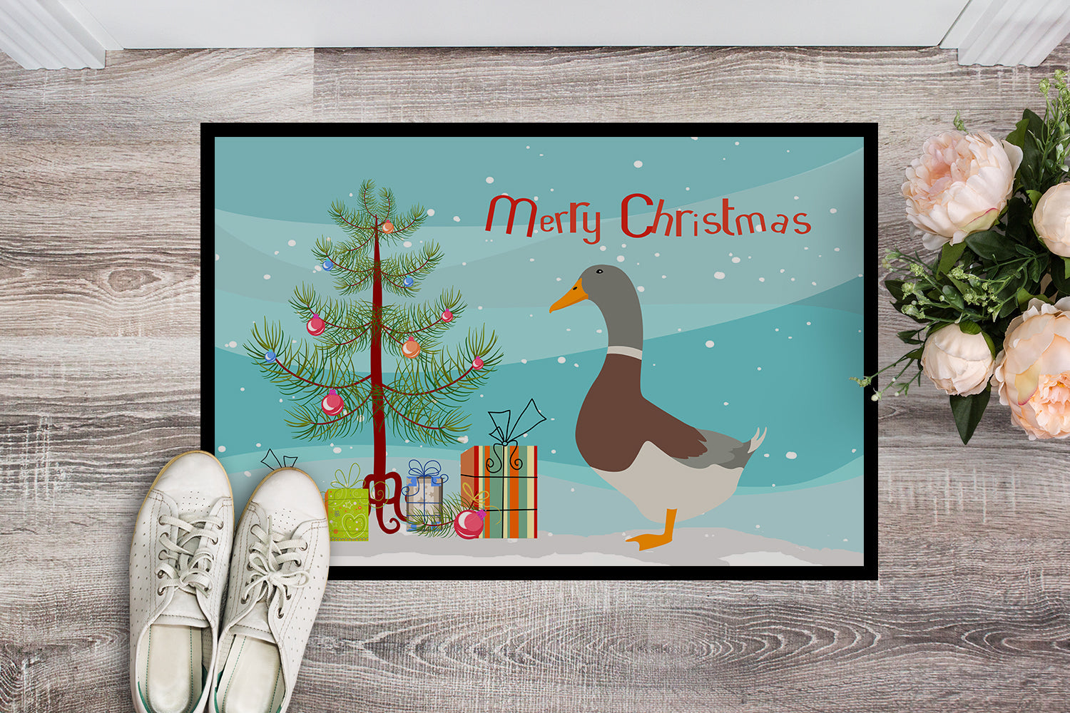 Saxony Sachsenente Duck Christmas Doormat Indoor Outdoor 24H X 36W Front Door Mat Rugs for Entryway, Non Slip Washable Low Pile,