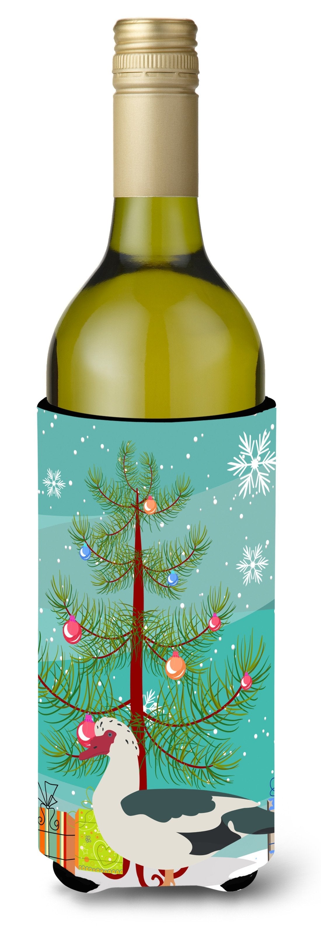 Muscovy Duck Christmas Wine Bottle Hugger Gift Sleeve for Standard 750 ml Bottles, Insulated Reusable Also Fits Mini Shot & Pint Bottles