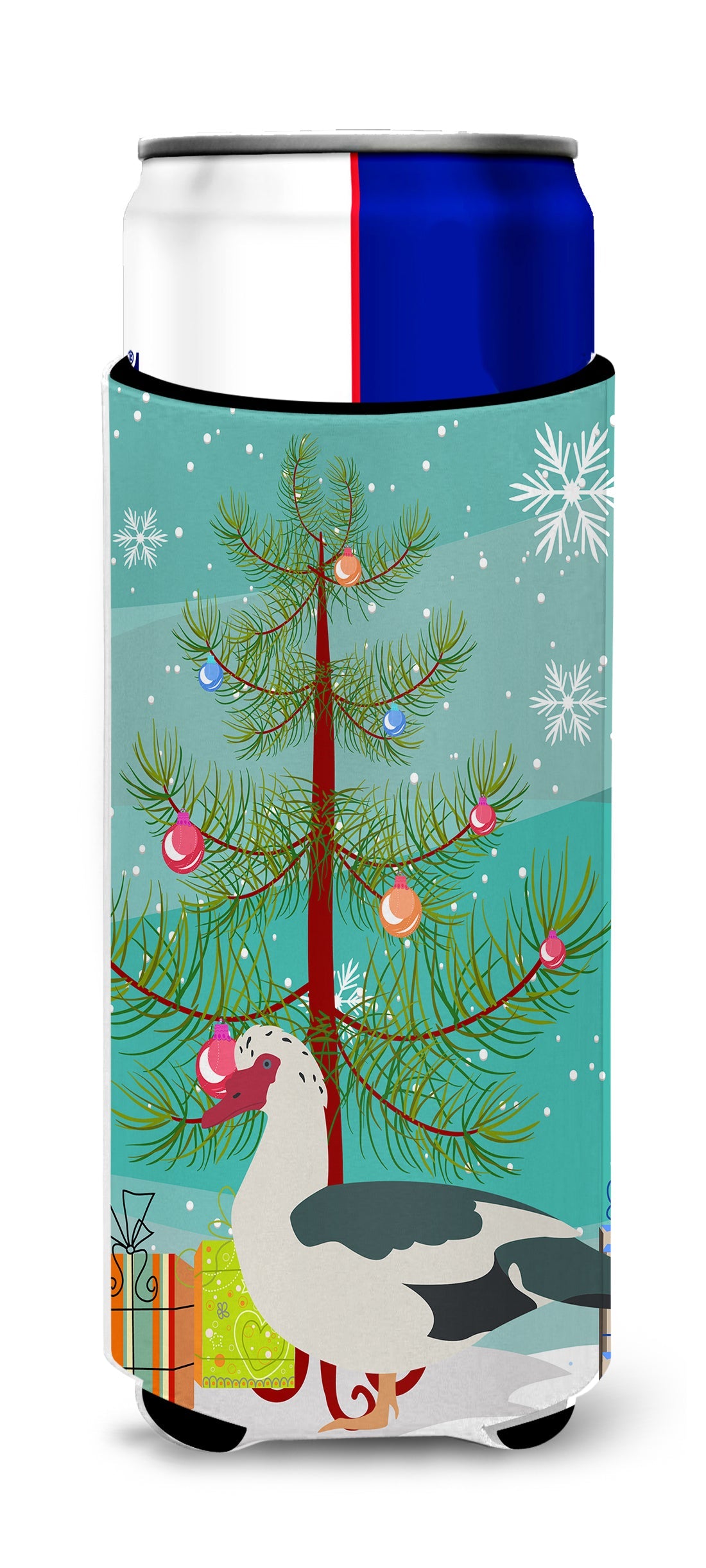 Muscovy Duck Christmas Slim Can Hugger , Insulated Foam Hugger for 12 oz Slim Cans, Beer Bottles & Water Bottles, Printed in USA