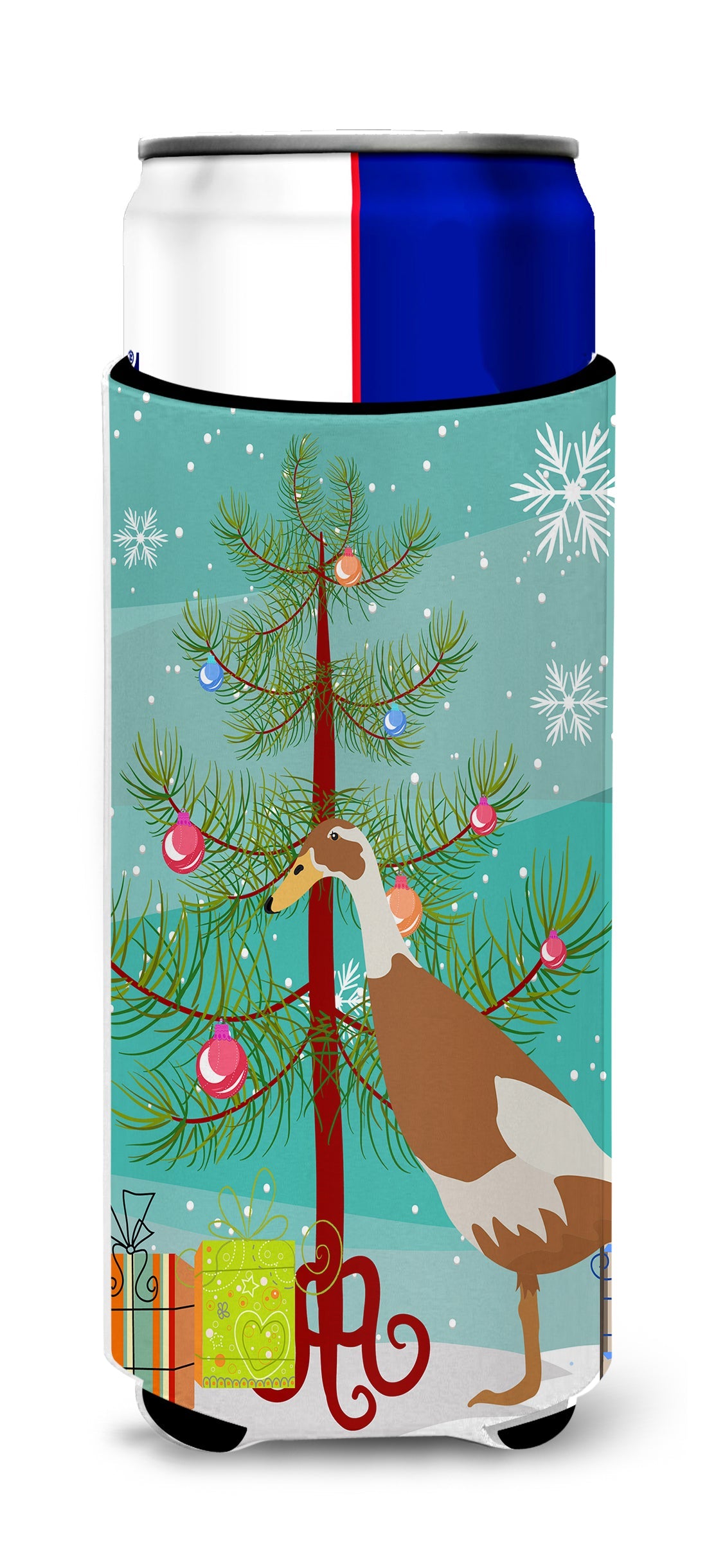 Indian Runner Duck Christmas Slim Can Hugger , Insulated Foam Hugger for 12 oz Slim Cans, Beer Bottles & Water Bottles, Printed in USA