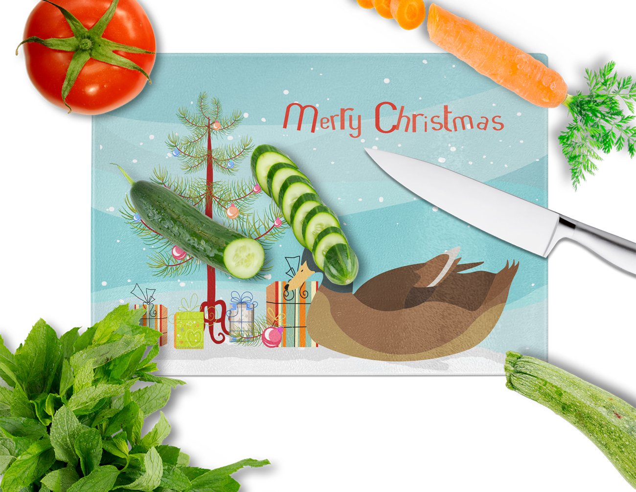 Khaki Campbell Duck Christmas Cutting Board Tempered Glass Kitchen Cutting Surface, Heat Resistant Chopping, Non-Slip Feet, Food Prep & Serving
