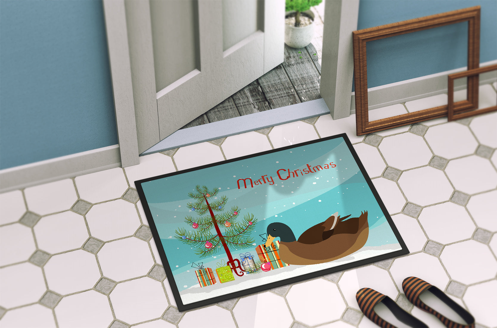 Khaki Campbell Duck Christmas Doormat Indoor Outdoor 18H X 27W Front Door Mat Rugs for Entryway, Non Slip Washable