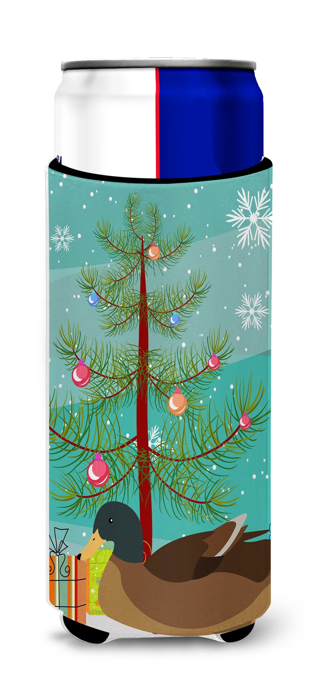 Khaki Campbell Duck Christmas Slim Can Hugger , Insulated Foam Hugger for 12 oz Slim Cans, Beer Bottles & Water Bottles, Printed in USA