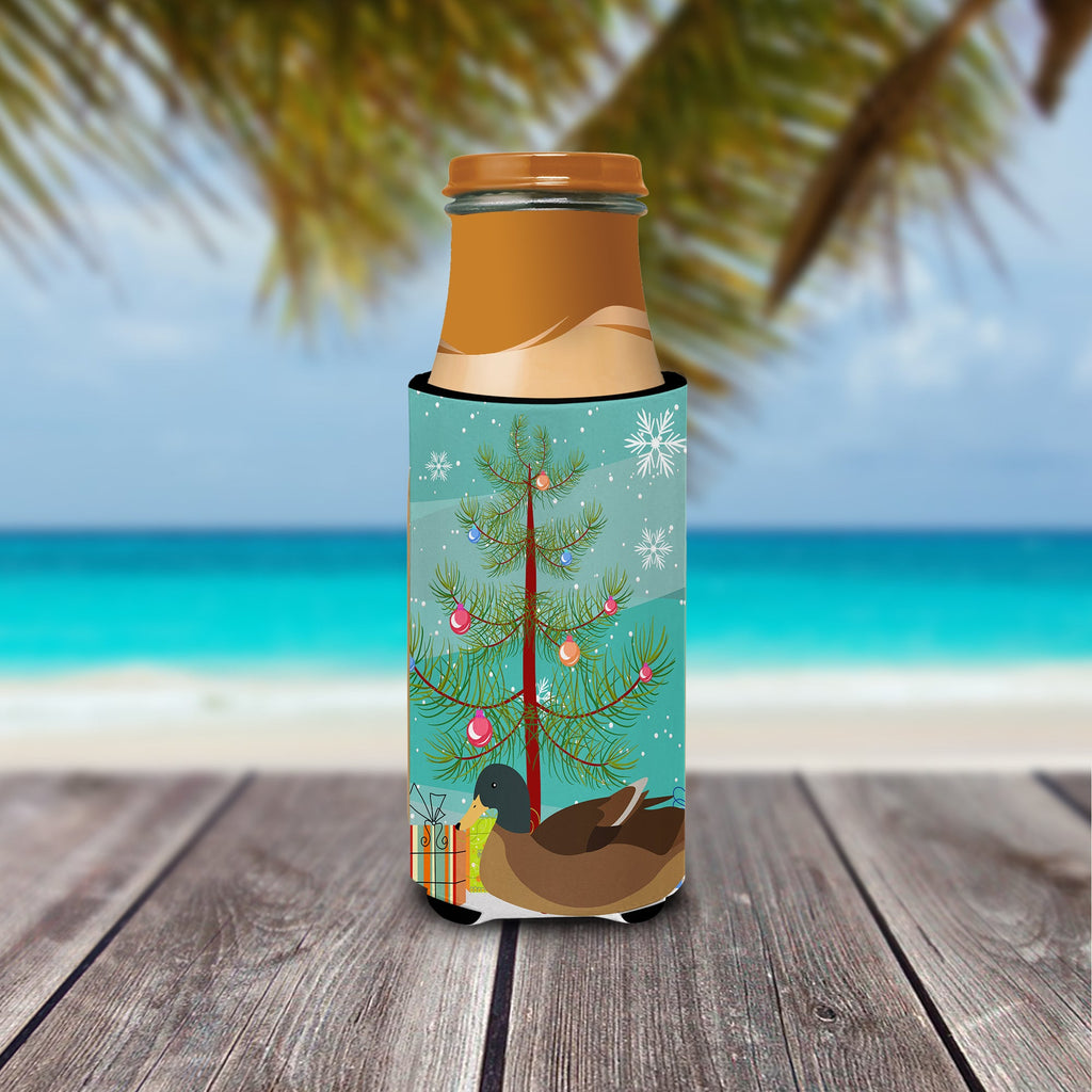 Khaki Campbell Duck Christmas Slim Can Hugger , Insulated Foam Hugger for 12 oz Slim Cans, Beer Bottles & Water Bottles, Printed in USA