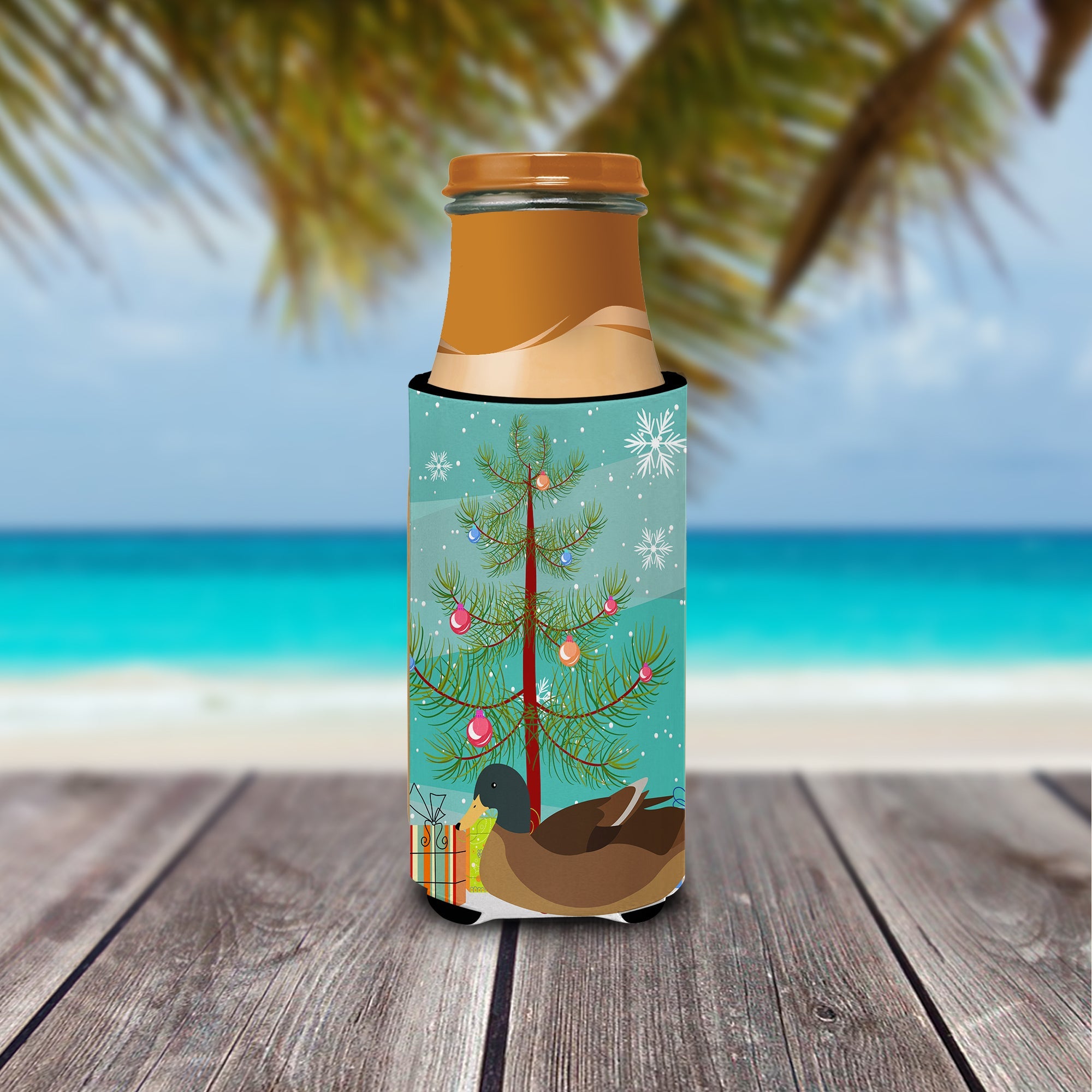 Khaki Campbell Duck Christmas Slim Can Hugger , Insulated Foam Hugger for 12 oz Slim Cans, Beer Bottles & Water Bottles, Printed in USA