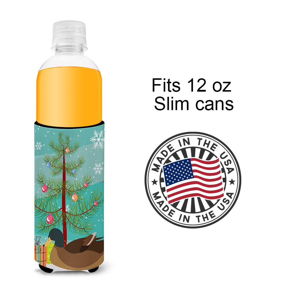 Khaki Campbell Duck Christmas Slim Can Hugger , Insulated Foam Hugger for 12 oz Slim Cans, Beer Bottles & Water Bottles, Printed in USA