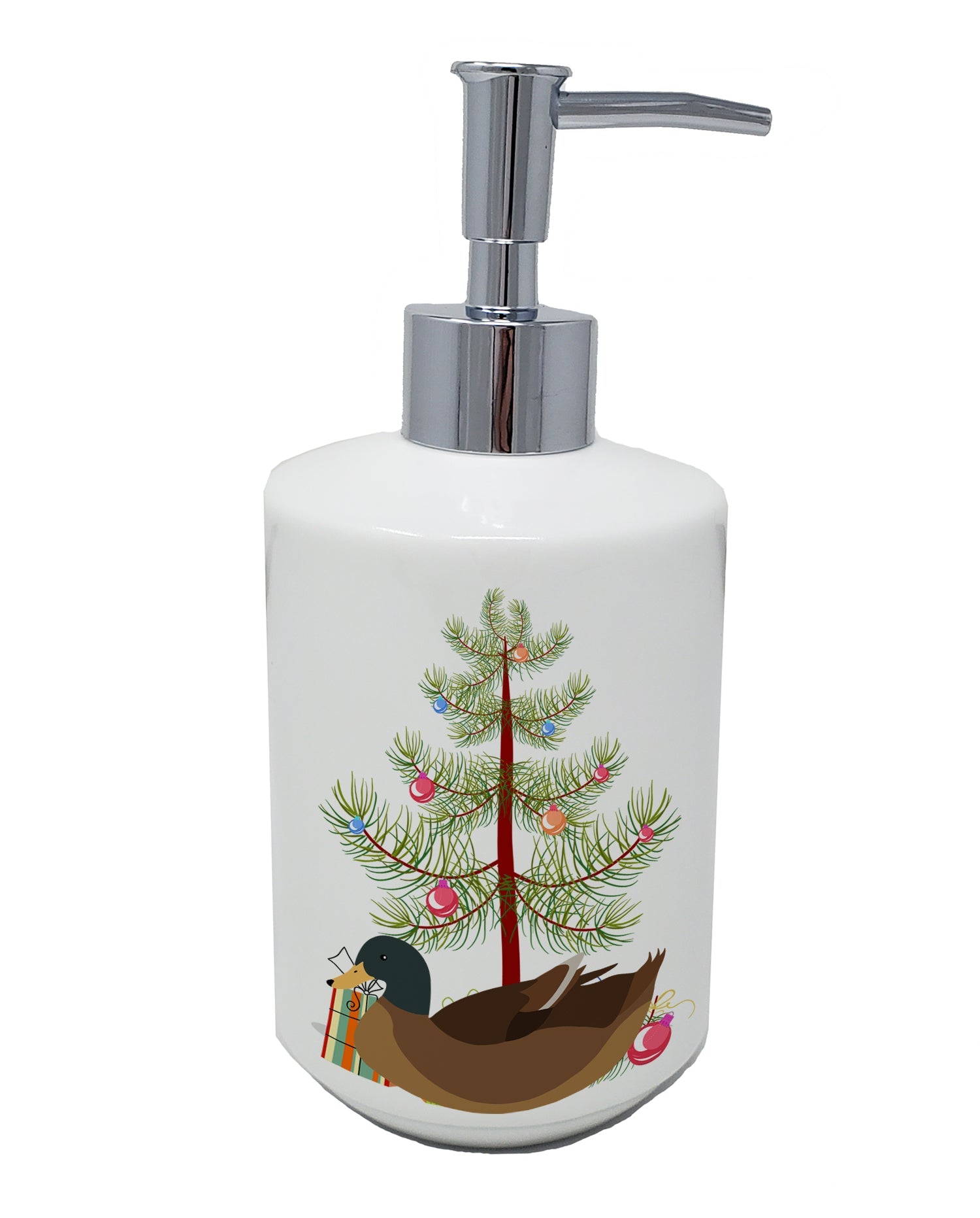 Khaki Campbell Duck Christmas Ceramic Soap Dispenser , Empty Refillable Hand Soap Pump Bottle for Bathroom Kitchen