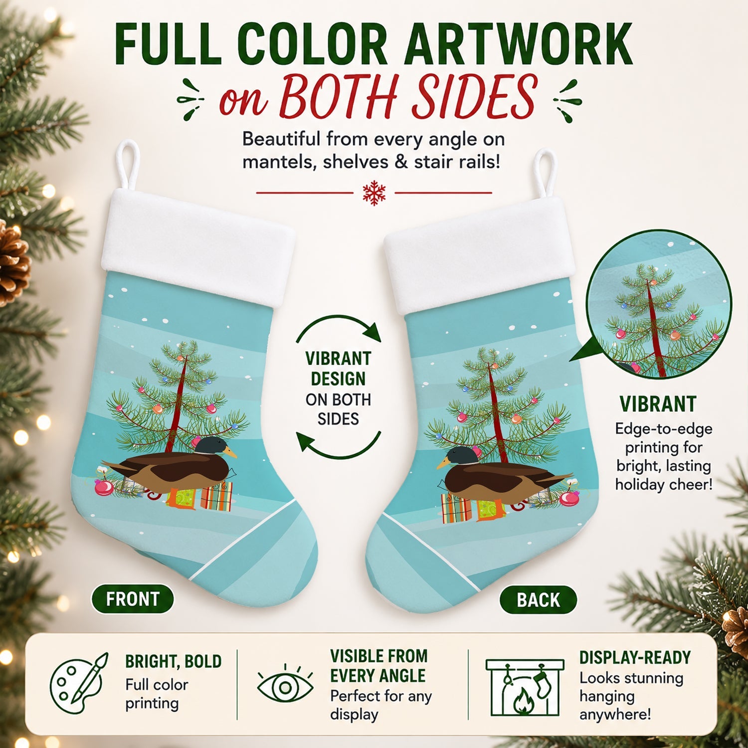 Silver Bantam Duck Christmas Holiday Stocking Double-Sided Print, Polyester Suede,11x18, Made in USA