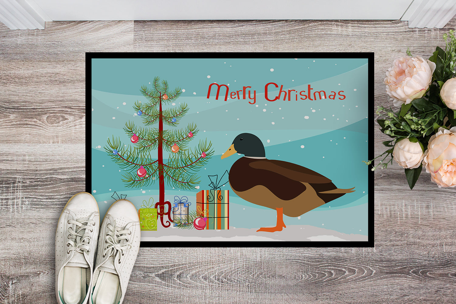 Silver Bantam Duck Christmas Doormat Indoor Outdoor 24H X 36W Front Door Mat Rugs for Entryway, Non Slip Washable Low Pile,