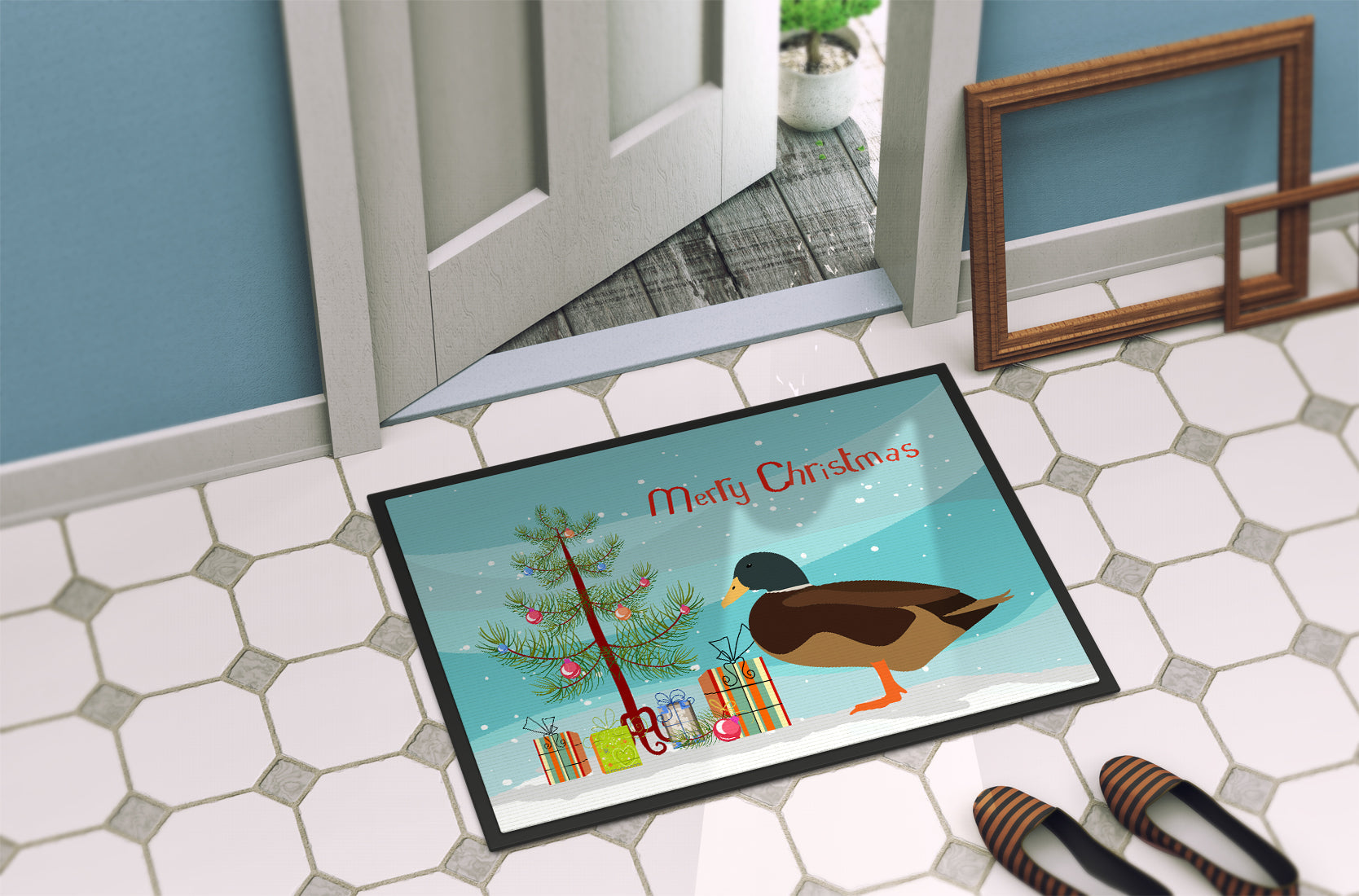 Silver Bantam Duck Christmas Doormat Indoor Outdoor 24H X 36W Front Door Mat Rugs for Entryway, Non Slip Washable Low Pile,