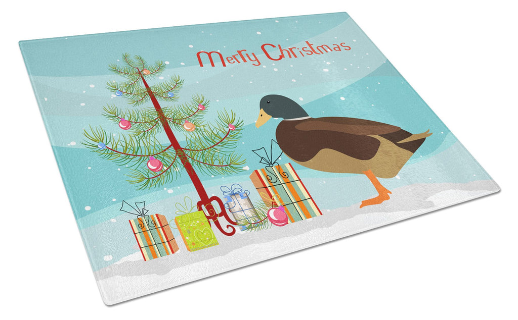 Silver Bantam Duck Christmas Cutting Board Tempered Glass Kitchen Cutting Surface, Heat Resistant Chopping, Non-Slip Feet, Food Prep & Serving