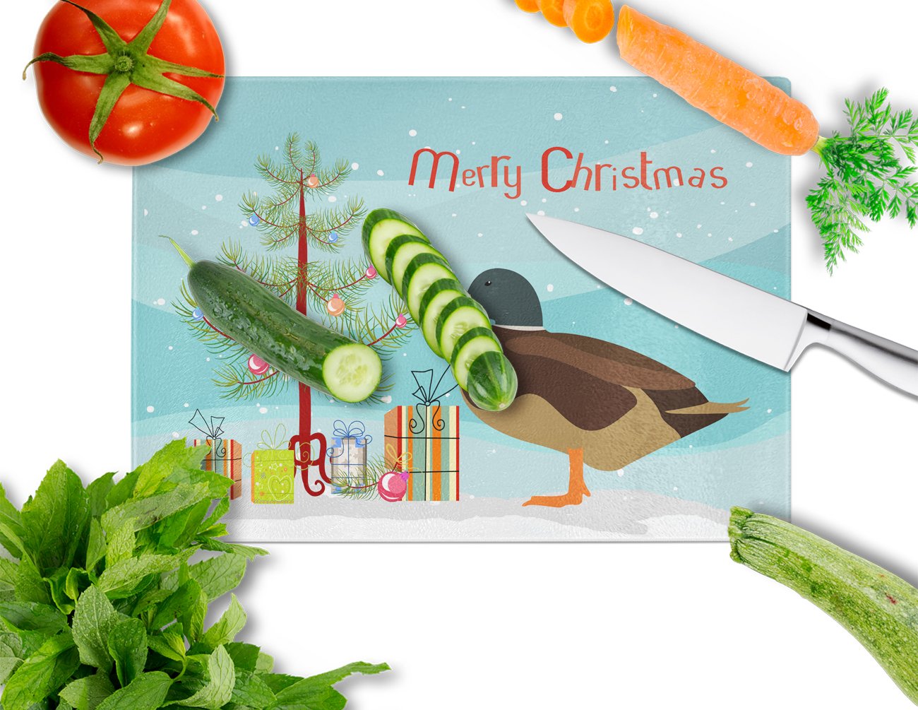 Silver Bantam Duck Christmas Cutting Board Tempered Glass Kitchen Cutting Surface, Heat Resistant Chopping, Non-Slip Feet, Food Prep & Serving