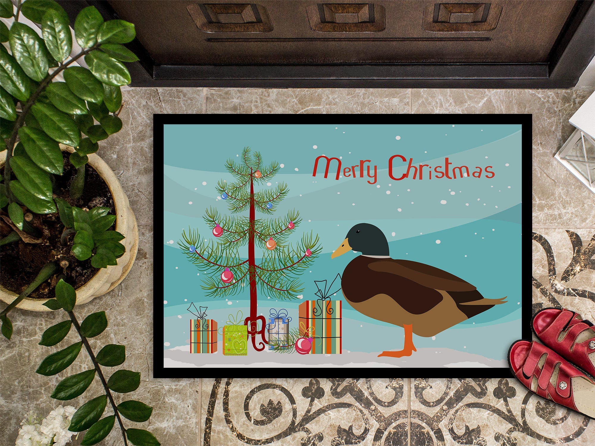Silver Bantam Duck Christmas Doormat Indoor Outdoor 18H X 27W Front Door Mat Rugs for Entryway, Non Slip Washable