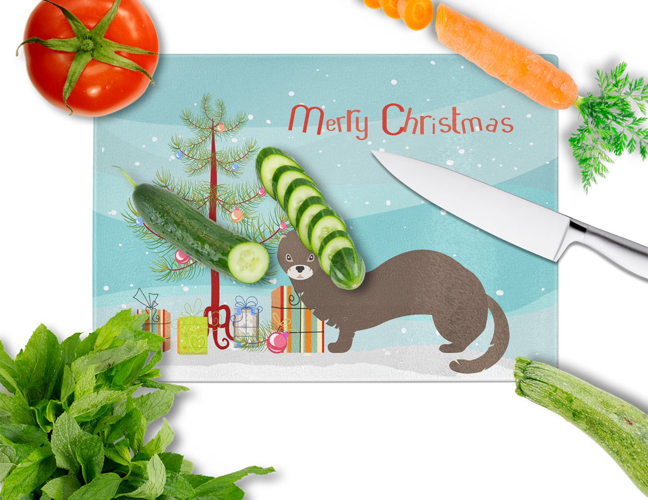 Russian or European Mink Christmas Cutting Board Tempered Glass Kitchen Cutting Surface, Heat Resistant Chopping, Non-Slip Feet, Food Prep & Serving