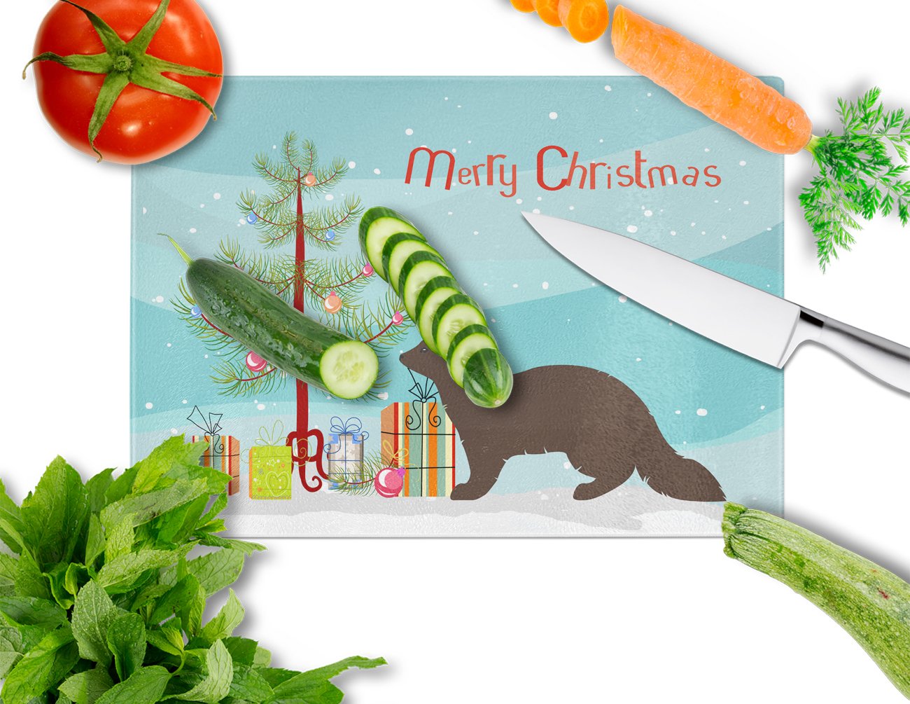 Sable Marten Christmas Cutting Board Tempered Glass Kitchen Cutting Surface, Heat Resistant Chopping, Non-Slip Feet, Food Prep & Serving