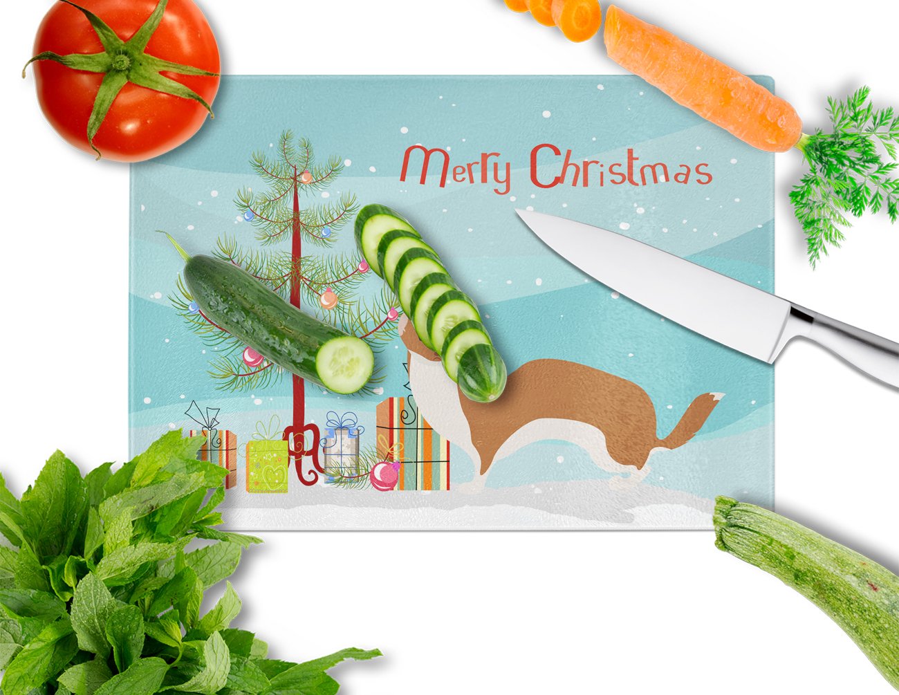 Weasel Christmas Cutting Board Tempered Glass Kitchen Cutting Surface, Heat Resistant Chopping, Non-Slip Feet, Food Prep & Serving