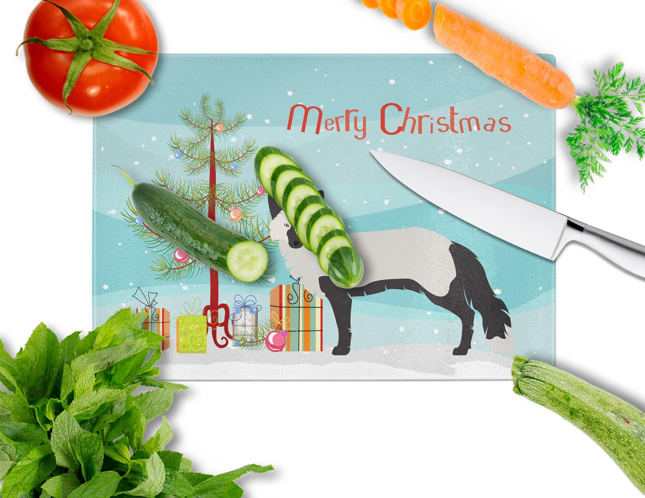 Silver Fox Christmas Cutting Board Tempered Glass Kitchen Cutting Surface, Heat Resistant Chopping, Non-Slip Feet, Food Prep & Serving
