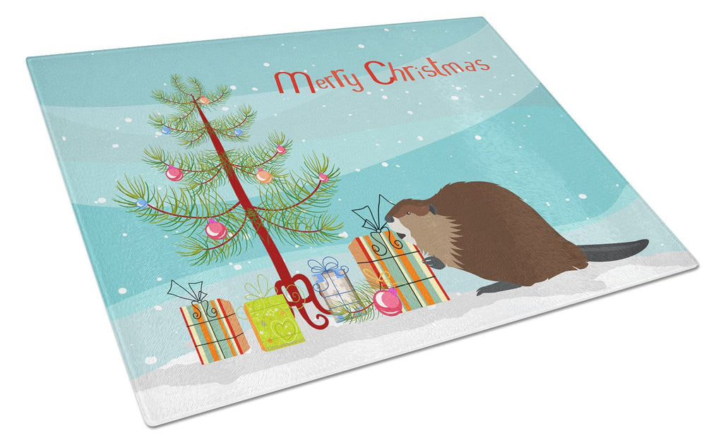Eurasian Beaver Christmas Cutting Board Tempered Glass Kitchen Cutting Surface, Heat Resistant Chopping, Non-Slip Feet, Food Prep & Serving