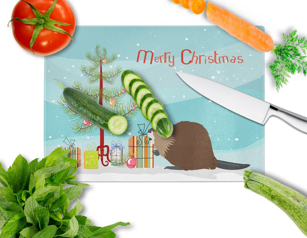 Eurasian Beaver Christmas Cutting Board Tempered Glass Kitchen Cutting Surface, Heat Resistant Chopping, Non-Slip Feet, Food Prep & Serving