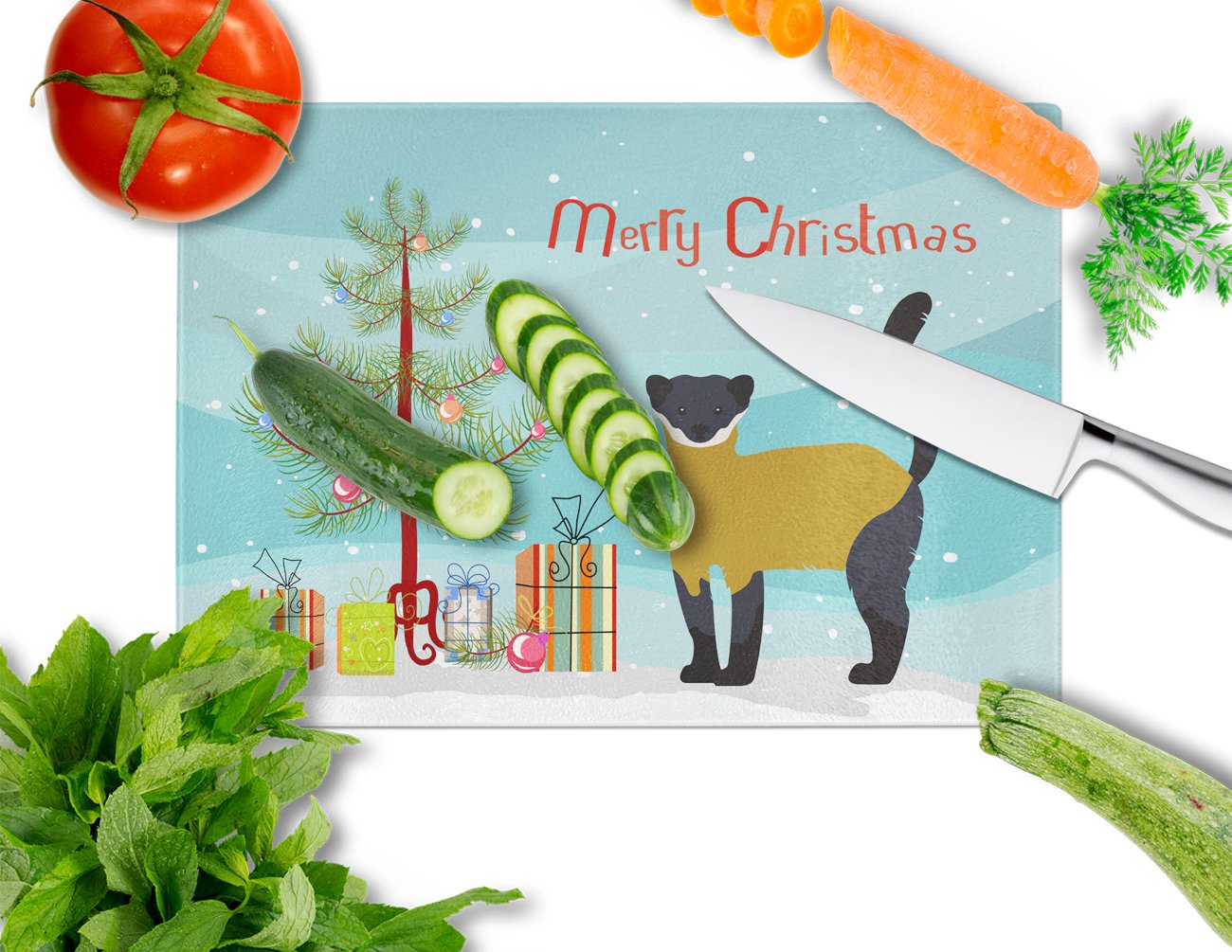 Yellow-Throated Marten Christmas Cutting Board Tempered Glass Kitchen Cutting Surface, Heat Resistant Chopping, Non-Slip Feet, Food Prep & Serving