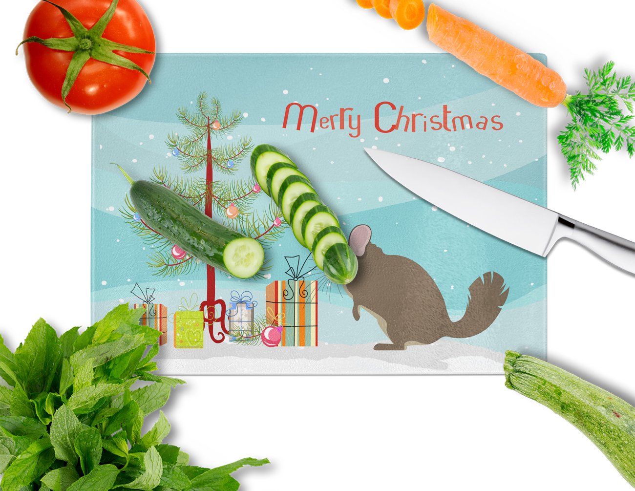 Chinchilla Christmas Cutting Board Tempered Glass Kitchen Cutting Surface, Heat Resistant Chopping, Non-Slip Feet, Food Prep & Serving